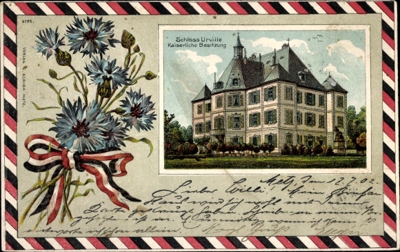 Passepartout Chromo-Litho Courcelles Chaussy Kurzel Lorraine Moselle, Urville Castle, cornflowers