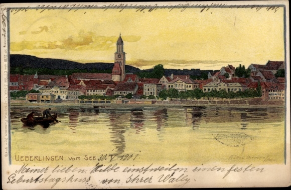 Kunstenaar Litho Zeno Diemer, Überlingen in het Bodenmeerdistrict, waterspel, stadsgezicht