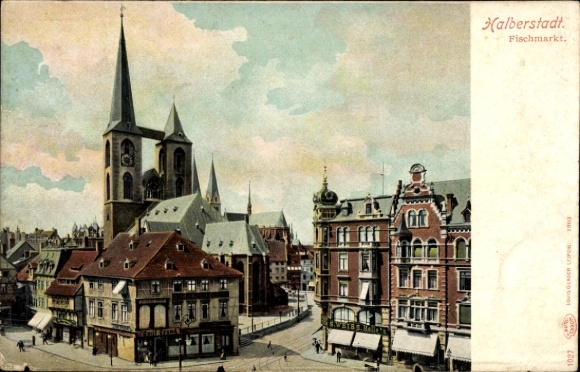 Postcard Halberstadt in Saxony Anhalt, part of the fish market, shop S. Weiss, St. Martini Church