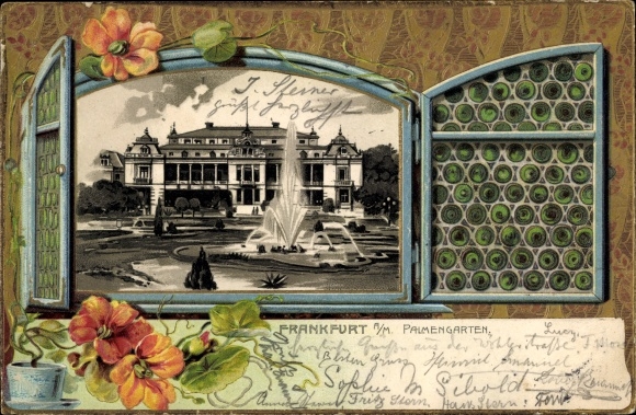 Passepartout Chromo-Litho Frankfurt am Main, palm garden, window, flowers