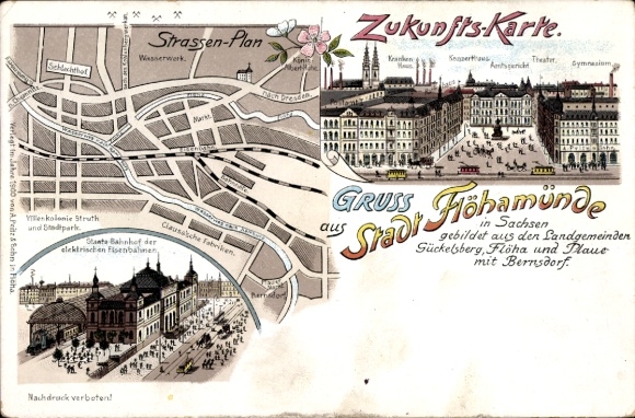 Chromo-Litho city map of Flöha in Saxony, future map, Flöhamünde, high school, theater, concert hall