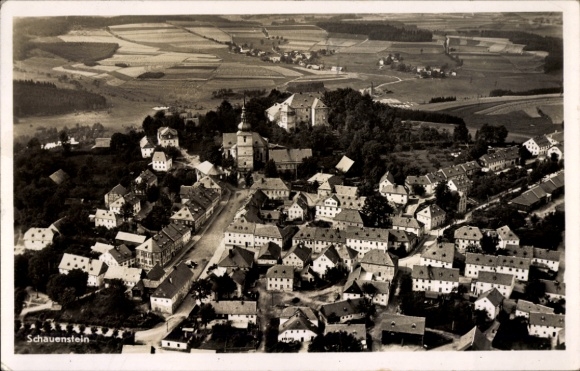 Postcard Schauenstein Upper Franconia Bavaria, aerial view of Schauenstein, church, fields, houses