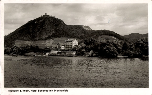Postcard Rhöndorf Bad Honnef am Rhein, Hotel Bellevue, Drachenfels, Rhine, landscape, water