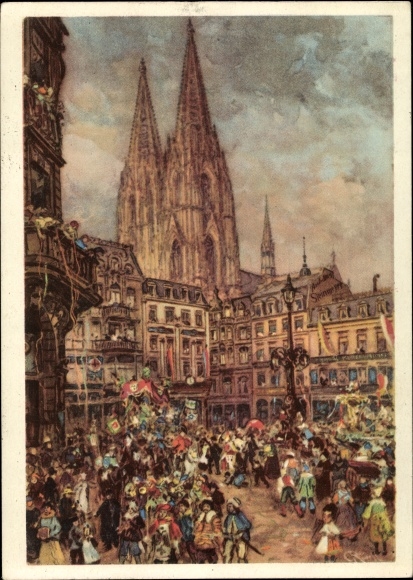 Postal stationery artist PC Köln am Rhein, carnival, parade, cathedral