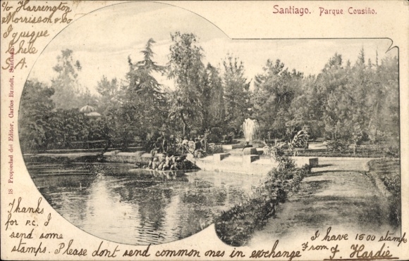 PC Santiago de Chile, Cousiño Park, water fountain, trees, view, text on stamps