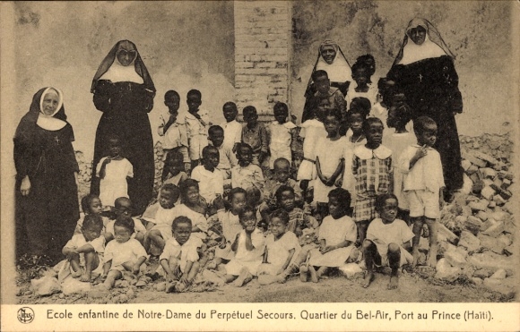 Postcard Port au Prince Haiti, sisters, children, school, Haiti, Bel-Air