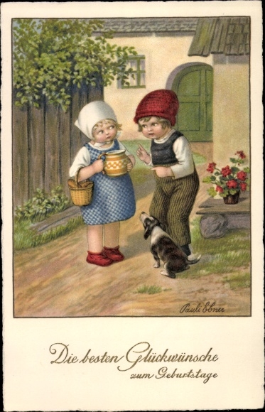 Künstler Ak Ebner, Pauli, Glückwunsch Geburtstag, Junge und Mädchen, Hund, Korb