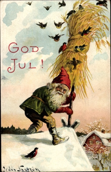 Artist PC Nyström, Jenny, Happy Christmas, dwarf with bundle of grain on roof, birds