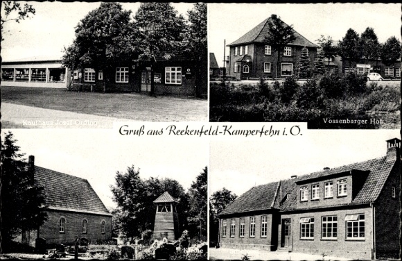 Postcard Reekenfeld Barßel Lower Saxony, Kamperfehn, Josef Ording department store, Vossenbarger Hof, church