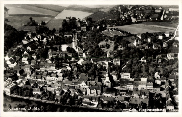 Postcard Lunzenau in Saxony, aerial view of Mulde, many houses, no people, black and white