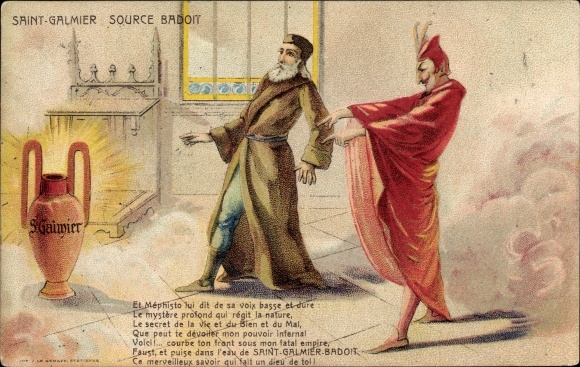 Artist Postcard Faust and Mephisto, Saint Galmier, Source Bradoit, advertising
