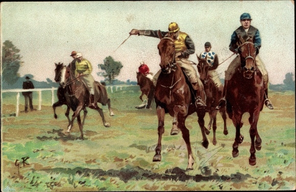 Artist Chromo-Litho Jockeys during a horse race