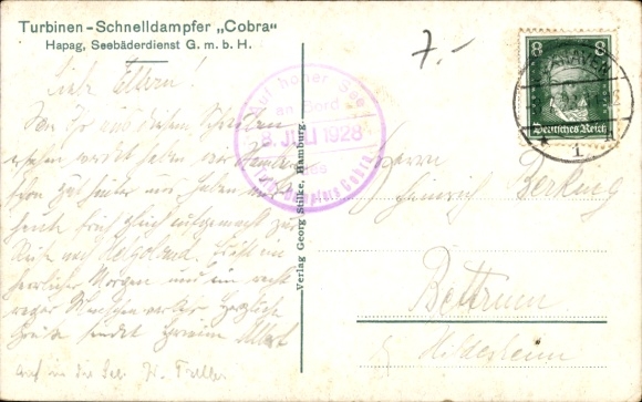 Postcard turbine express steamer Cobra, HAPAG Seebäderdienst