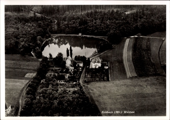 Postcard Ansbach in Middle Franconia Bavaria, aerial view of Waldsee, idyllic landscape, clear mirrors