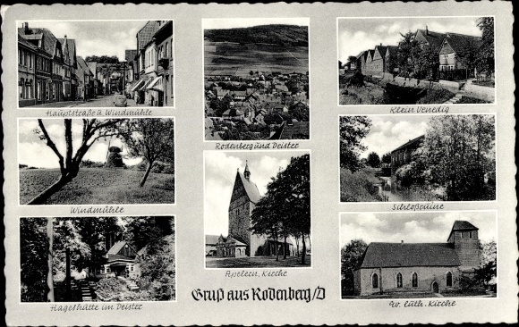 Postcard Rodenberg am Deister in Schaumburg, windmill, little Venice, main street, Hagerhütte, church