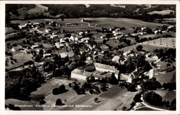Postcard Wessobrunn in Upper Bavaria, aerial view of the monastery, parish church, Roman tower, surroundings