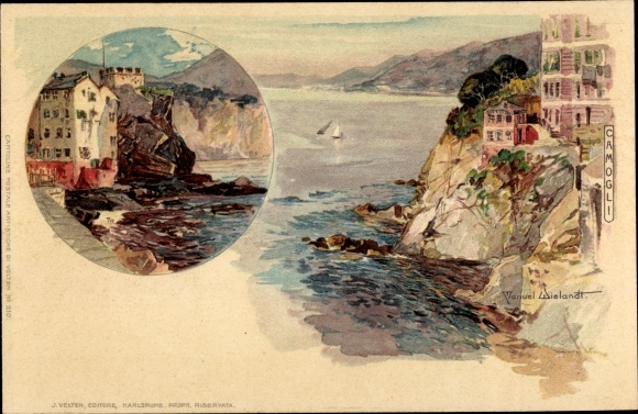 Kunstenaar Litho Wielandt, Manuel, Camogli Ligurië, stadsgezicht, kustlandschap