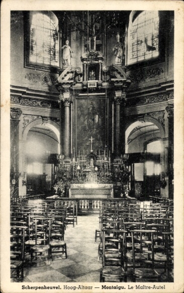 Postcard Scherpenheuvel Zichem Flemish Brabant, high altar, church, chairs, religious depiction