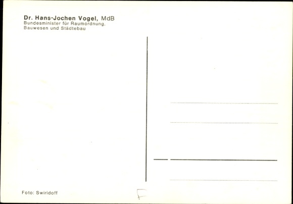 Postcard Dr. Hans Jochen Vogel, Federal Minister of Justice, portrait, autograph