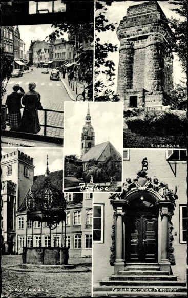 Postcard Itzehoe in Holstein, Breitenburg Castle, Bismarck Tower, Breite Strasse, Princess Courtyard, Church