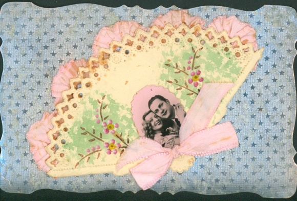 Fabric Postcard lovers, portrait, fan, fabric bow