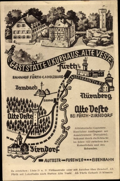 Kaarten Ak Zirndorf in Midden-Franken, restaurant en Kurhaus Alte Veste