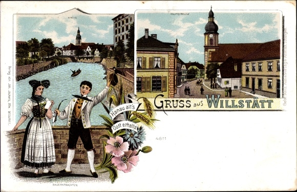 Chromo-Litho Willstätt in Baden, peasant costumes, main street