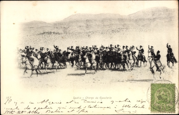 Postcard Morocco, Charge de Cavalerie, Spahis, Reiter, Native Cavalry