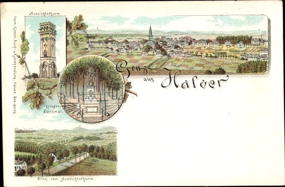 litho Halver in Westfalen, uitkijktoren, oorlogsmonument, totaaloverzicht