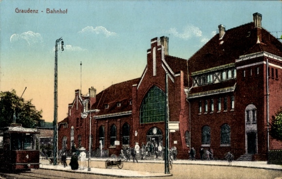 Ak Grudziądz Graudenz Westpreußen, Bahnhof, Straßenbahn
