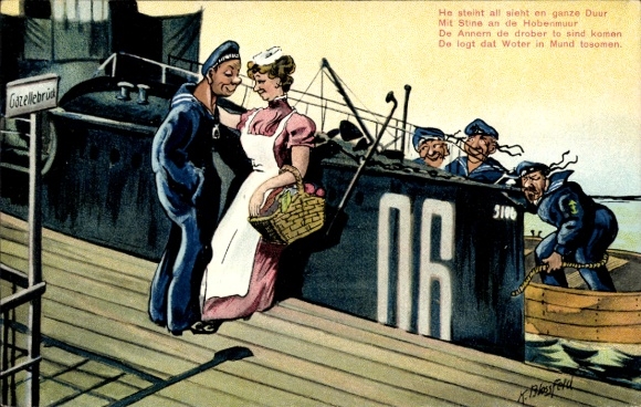 Künstler Ak Blossfeld, K., Marinesoldat mit Geliebter, Kriegsschiff, Soldatenliebe, Humor