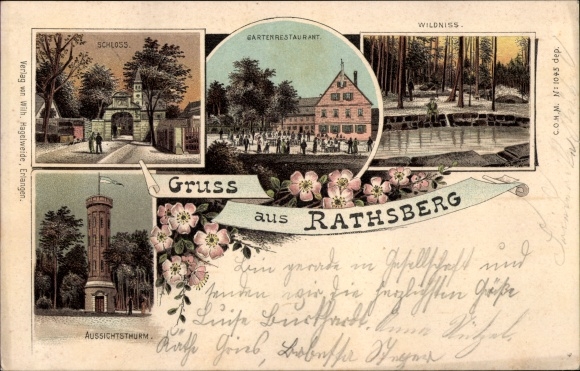 Litho Rathsberg Marloffstein Midden-Franken, kasteel, tuinrestaurant, toren