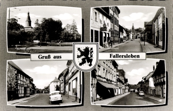 Postcard Fallersleben Wolfsburg in Lower Saxony, street, church, coat of arms