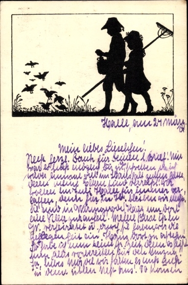 Paper cut artist Postcard Carus, children, birds, rake