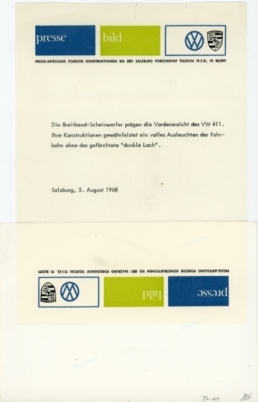 Brochure VW 411, front view, broadband headlights, Press Image Salzburg 1968