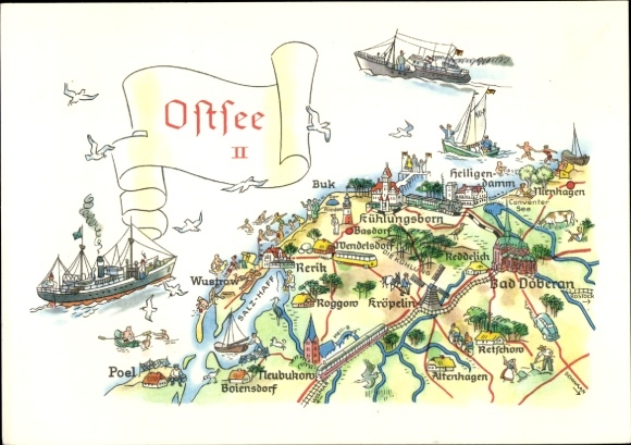 Ak Damerow Koserow an der Ostsee, Karte der  Illustrationen von Orten, Schiffe, Vögel