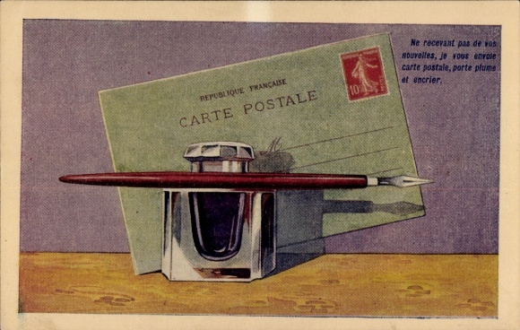 Ak Tintenfass, Füller, französische Postkarte