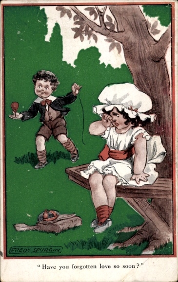 Artist Postcard Spurgin, Fred, Crying girl, boy playing with a spinning top