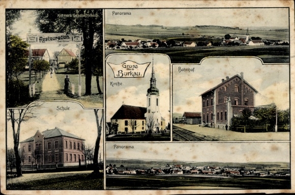 Postcard Burkau in Saxony, Panorama, Kittner's business building, restaurant, school, church, train station