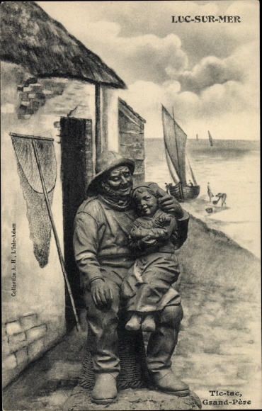 Postcard Luc sur Mer Calvados, Tic tac, Grand Pere, Monument, fisherman with child, fishing net