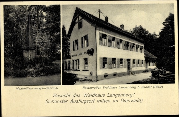 Postcard Kandel in the Palatinate Bienwald, Maximilian Joseph monument, restoration Waldhaus Langenberg