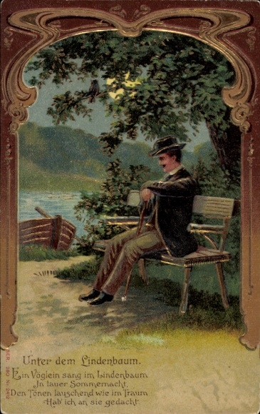 Postcard Ort Kochel am See Upper Bavaria, man sitting on a bench and looking at a lake.