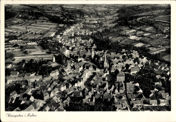 Postcard Weingarten in Baden, aerial view of Weingarten, buildings, rural surroundings