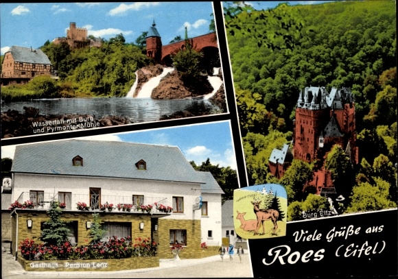 Ak Roes in der Eifel, Wasserfall m. Burg u. Pyrmonter Mühle, Burg Eltz, Gasthaus Pension Lenz