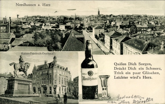 Postcard Nordhausen am Harz, Kaiser Friedrich Monument, Nordhausen Doppelkorn, view of the town