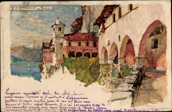 Kunstenaar litho Wielandt, Manuel, Leggiuno Lombardia, klooster van Santa Caterina del Sasso, plaats