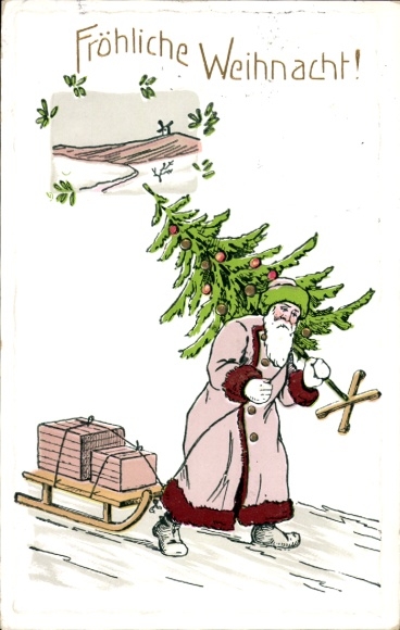 Ak Glückwunsch Weihnachten, Weihnachtsmann, Tannenbaum, Schlitten