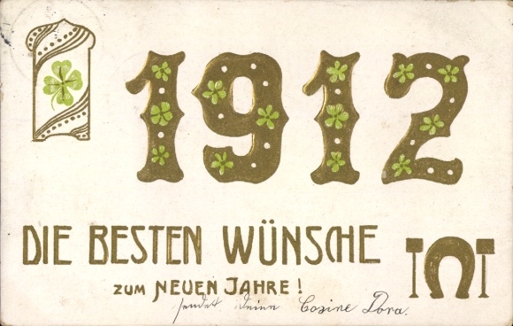 Embossed PC Happy New Year, year 1912, clover, horseshoe