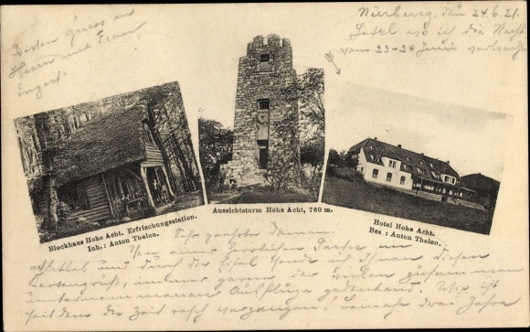 Postcard Adenau Rhineland Palatinate, log cabin Hohe Acht, refreshment station, lookout tower, Hotel Hohe Acht