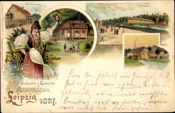 lito Lipsk, Saksonia. Turyngia. Wystawa przemysłowo-handlowa 1897, strój ludowy, most, gospodarstwo rolne